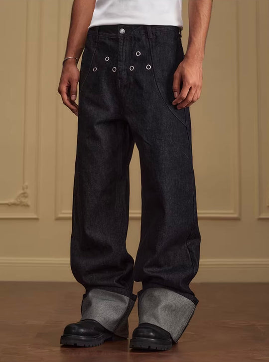 YADcrew Silver Eyelet Contrast Cuff Baggy Jeans | Face 3 Face