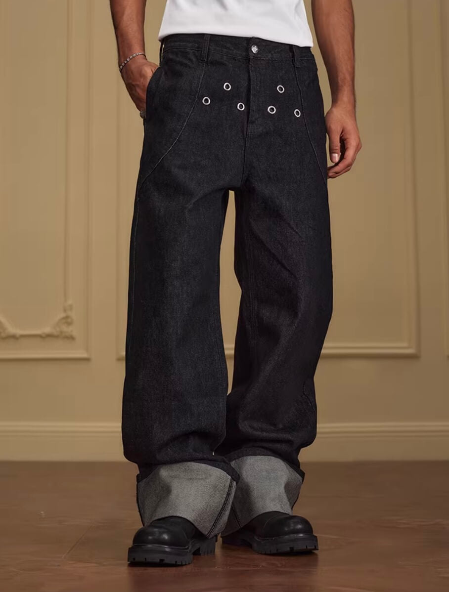 YADcrew Silver Eyelet Contrast Cuff Baggy Jeans | Face 3 Face