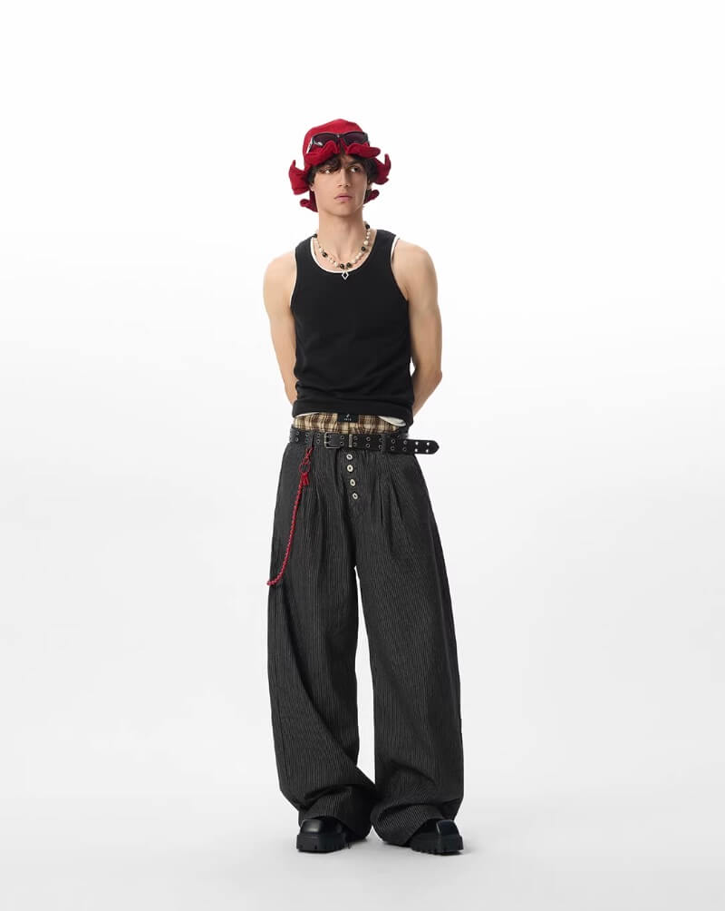 JHYQ Black Pinstripe Button Detail Wide Leg Suit Pants | Face 3 Face