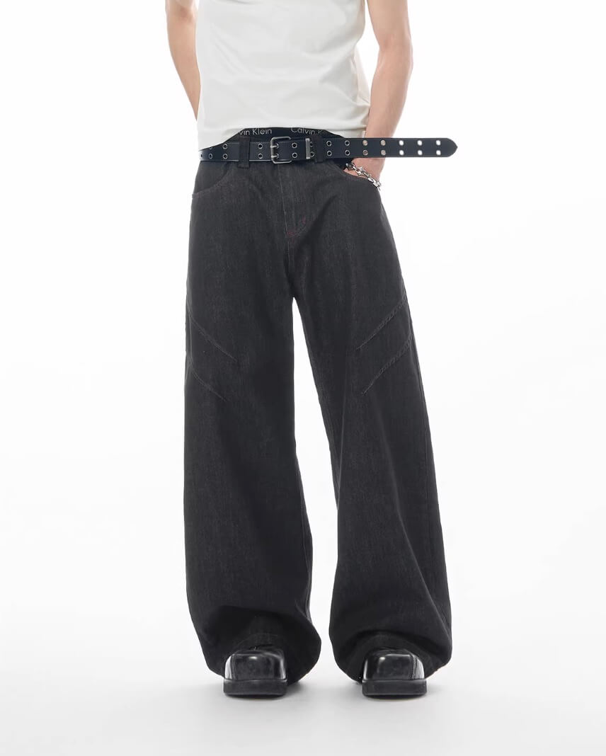 JHYQ Topstitch 3D Cut Black Baggy Flared Jeans | Face 3 Face