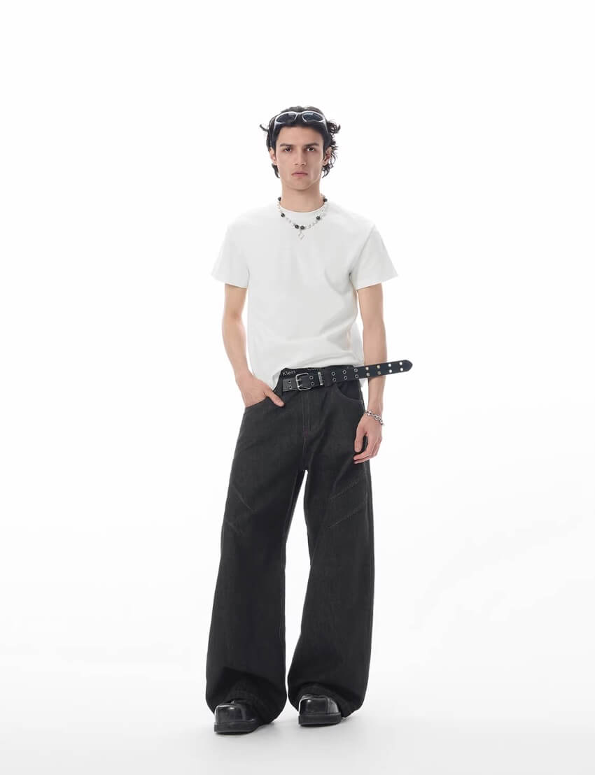 JHYQ Topstitch 3D Cut Black Baggy Flared Jeans | Face 3 Face