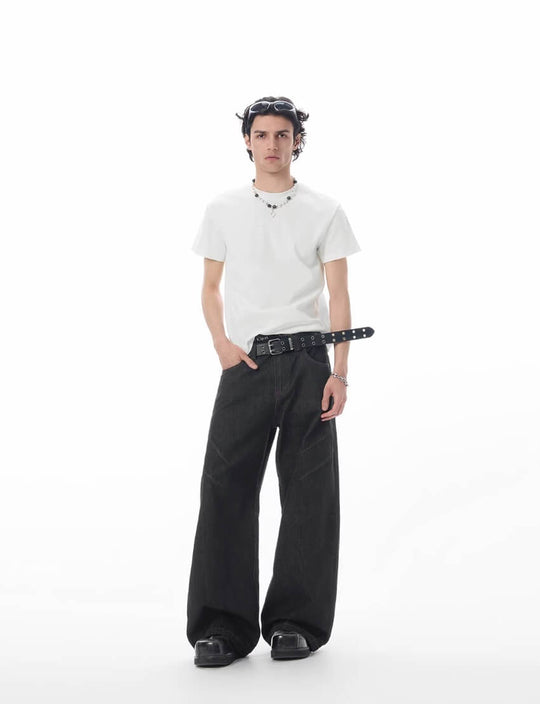 JHYQ Topstitch 3D Cut Black Baggy Flared Jeans | Face 3 Face