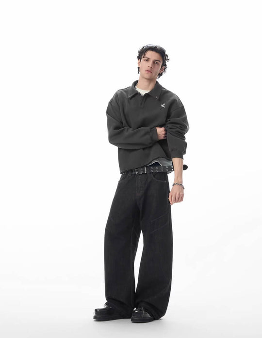 JHYQ Topstitch 3D Cut Black Baggy Flared Jeans | Face 3 Face