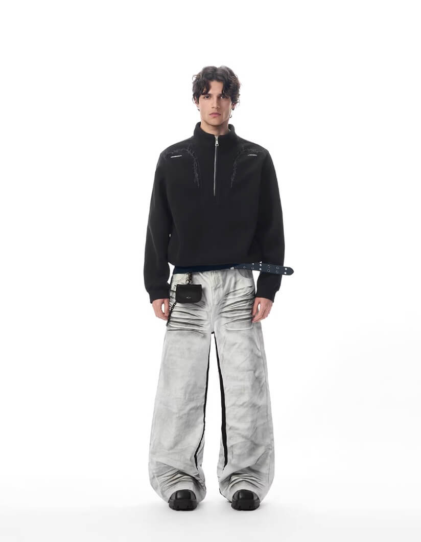 JHYQ Contrast Inner Stripe Distressed Washed White Baggy Jeans | Face 3 Face