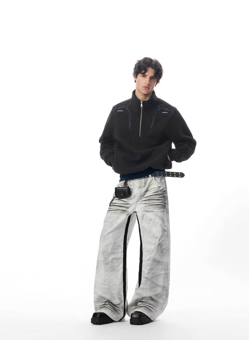 JHYQ Contrast Inner Stripe Distressed Washed White Baggy Jeans | Face 3 Face