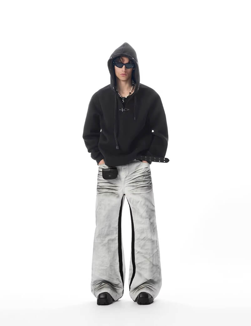 JHYQ Contrast Inner Stripe Distressed Washed White Baggy Jeans | Face 3 Face