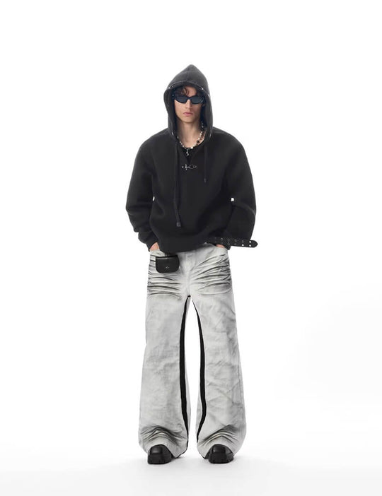 JHYQ Contrast Inner Stripe Distressed Washed White Baggy Jeans | Face 3 Face