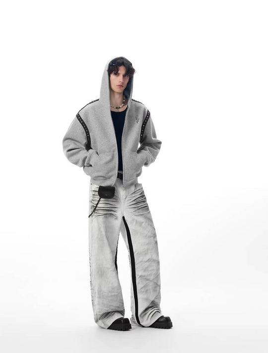 JHYQ Contrast Inner Stripe Distressed Washed White Baggy Jeans | Face 3 Face