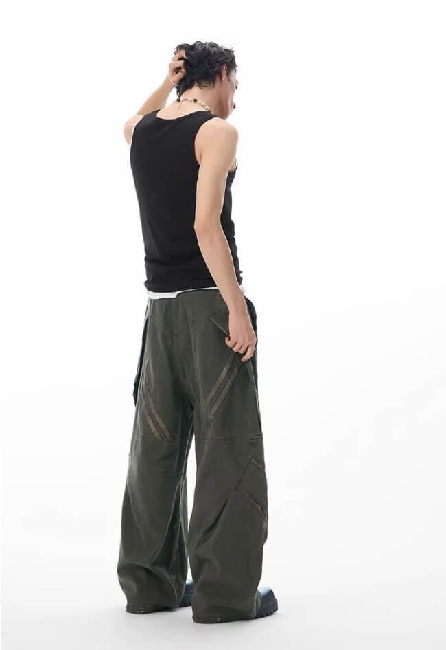 JHYQ Diagonal Zipper Detail Contrast Stripe Baggy Pants | Face 3 Face