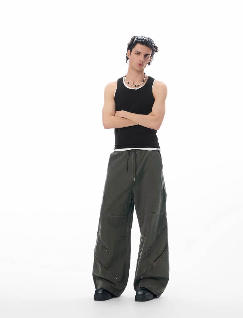 JHYQ Diagonal Zipper Detail Contrast Stripe Baggy Pants | Face 3 Face