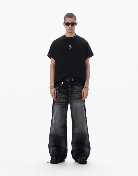 JHYQ Black Multi Button Whiskered Washed Loose Fit Jeans | Face 3 Face