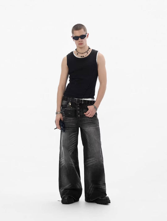 JHYQ Black Multi Button Whiskered Washed Loose Fit Jeans | Face 3 Face