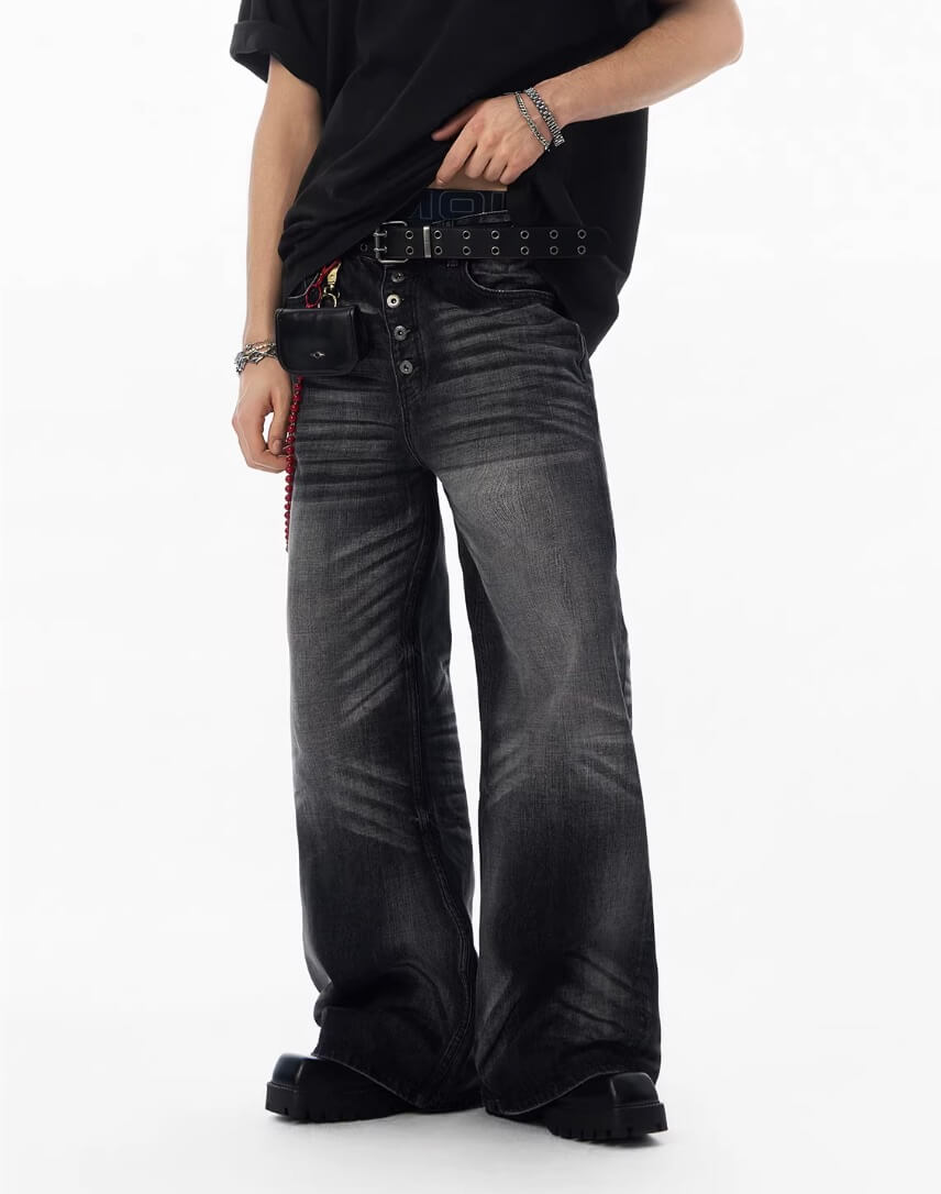 JHYQ Black Multi Button Whiskered Washed Loose Fit Jeans | Face 3 Face