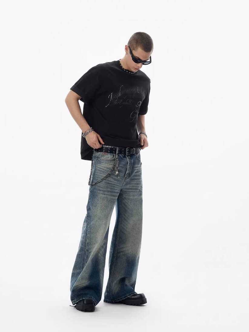 JHYQ Blue Multi Button Whiskered Washed Loose Fit Jeans | Face 3 Face