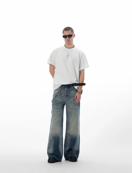 JHYQ Blue Multi Button Whiskered Washed Loose Fit Jeans | Face 3 Face