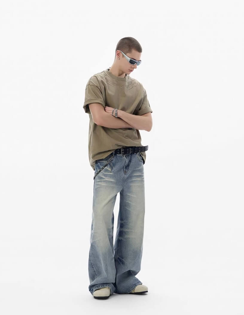 JHYQ Light Blue Whiskered Washed Loose Fit Jeans | Face 3 Face