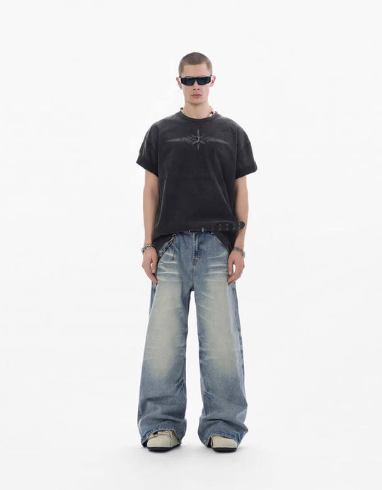 JHYQ Light Blue Whiskered Washed Loose Fit Jeans | Face 3 Face