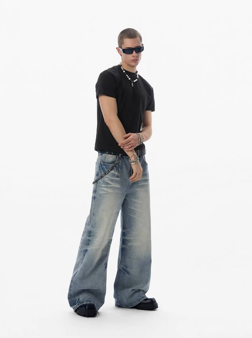 JHYQ Light Blue Whiskered Washed Loose Fit Jeans | Face 3 Face