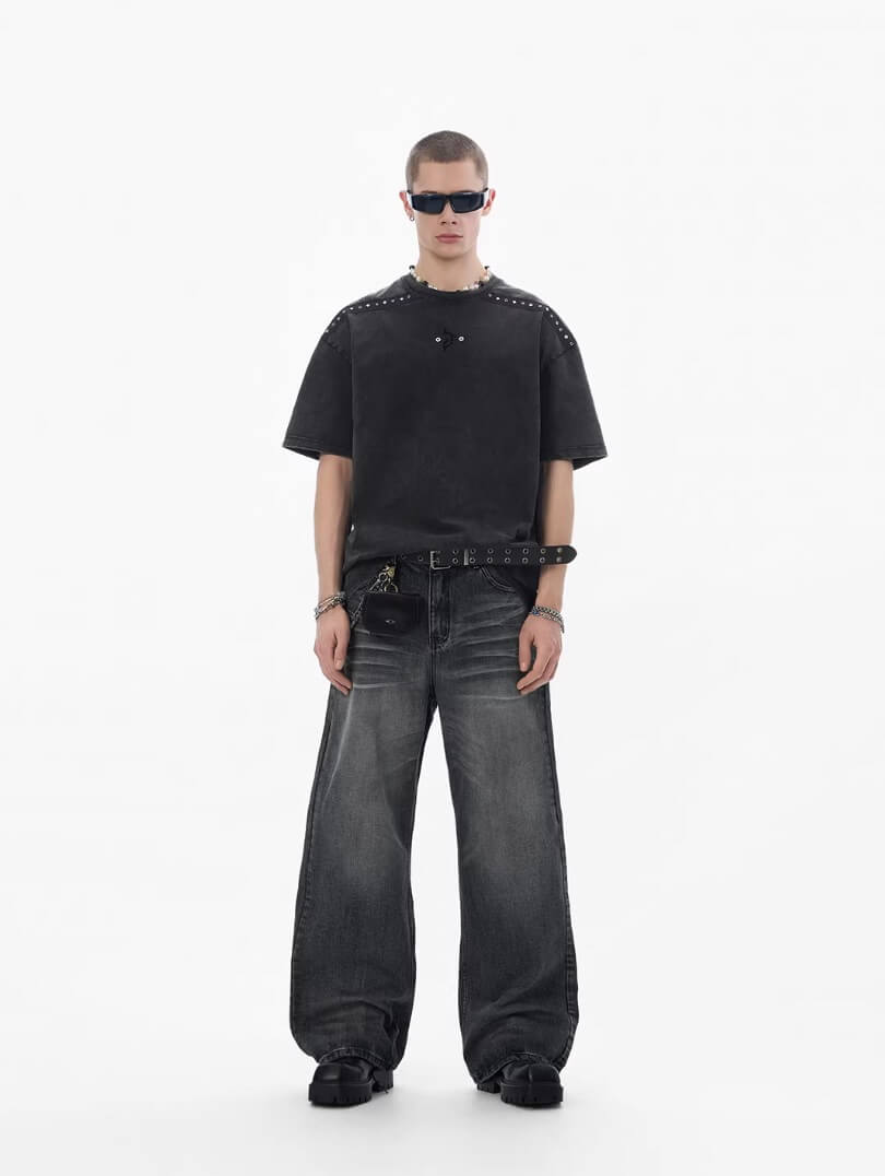 JHYQ Black Vintage Wash Wide Leg Jeans | Face 3 Face
