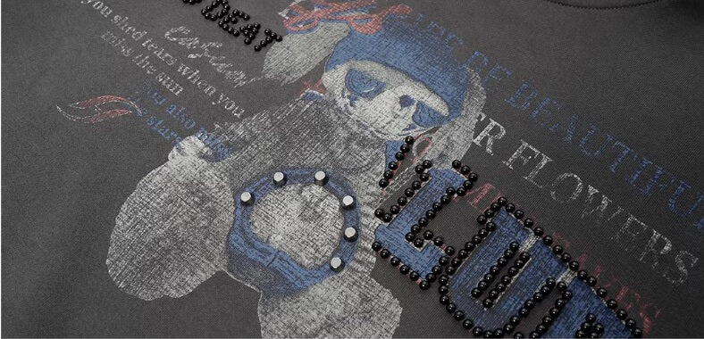 JHYQ Vintage Bear Print Bead Studded Hoodie | Face 3 Face