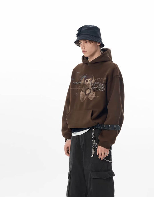 JHYQ Vintage Bear Print Bead Studded Hoodie | Face 3 Face