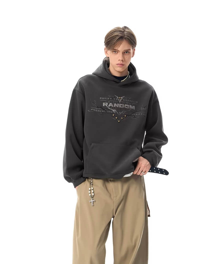 JHYQ RANDOM Letter Print Studded Hoodie | Face 3 Face