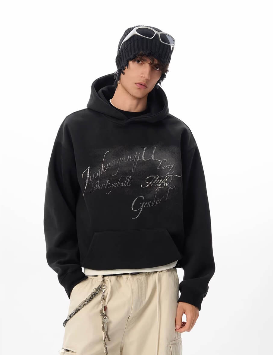 JHYQ Vintage Gradient Lettering Print Hoodie | Face 3 Face