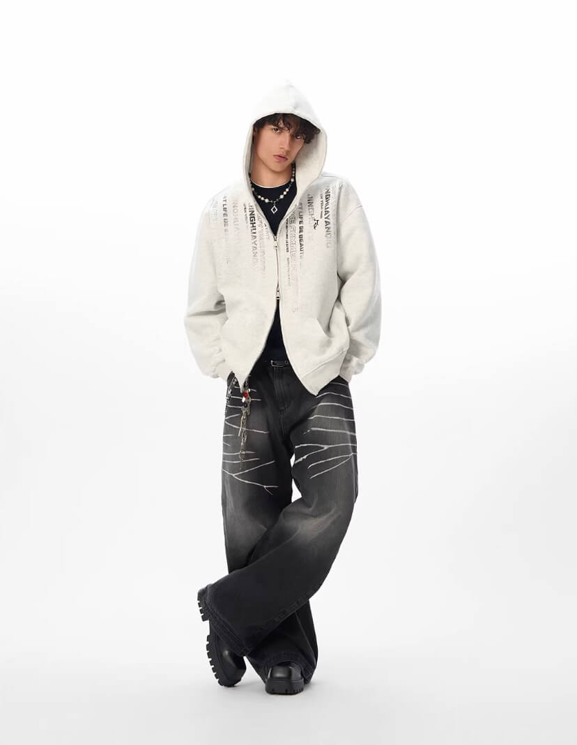 JHYQ Vertical Code Print Double Zipper Hoodie | Face 3 Face