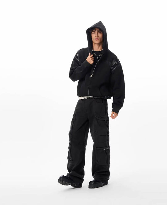 JHYQ Punk Style Studded Double Zipper Hoodie | Face 3 Face