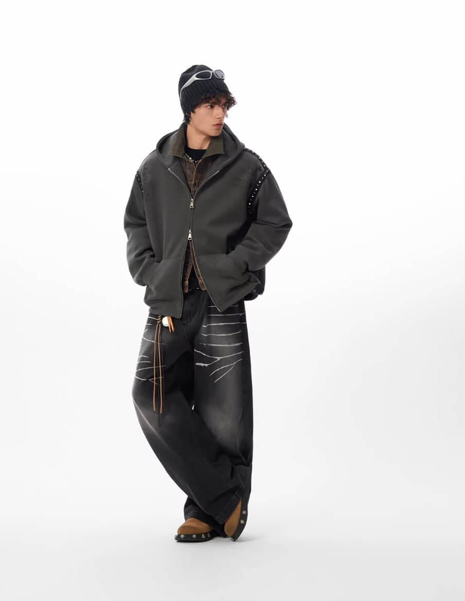 JHYQ Punk Style Studded Double Zipper Hoodie | Face 3 Face