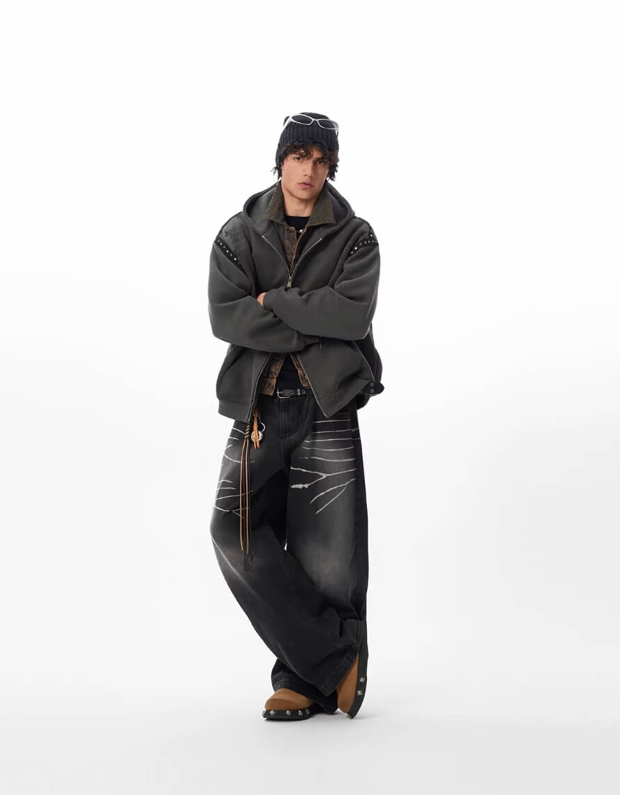 JHYQ Punk Style Studded Double Zipper Hoodie | Face 3 Face