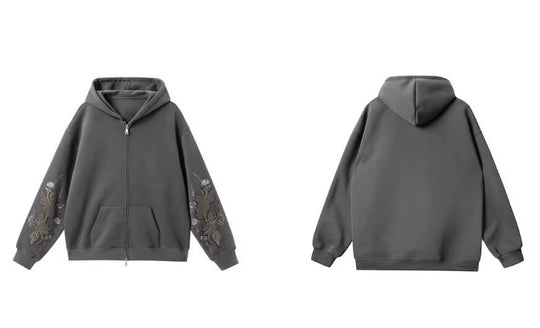 JHYQ Floral Print Studded Double Zipper Hoodie | Face 3 Face
