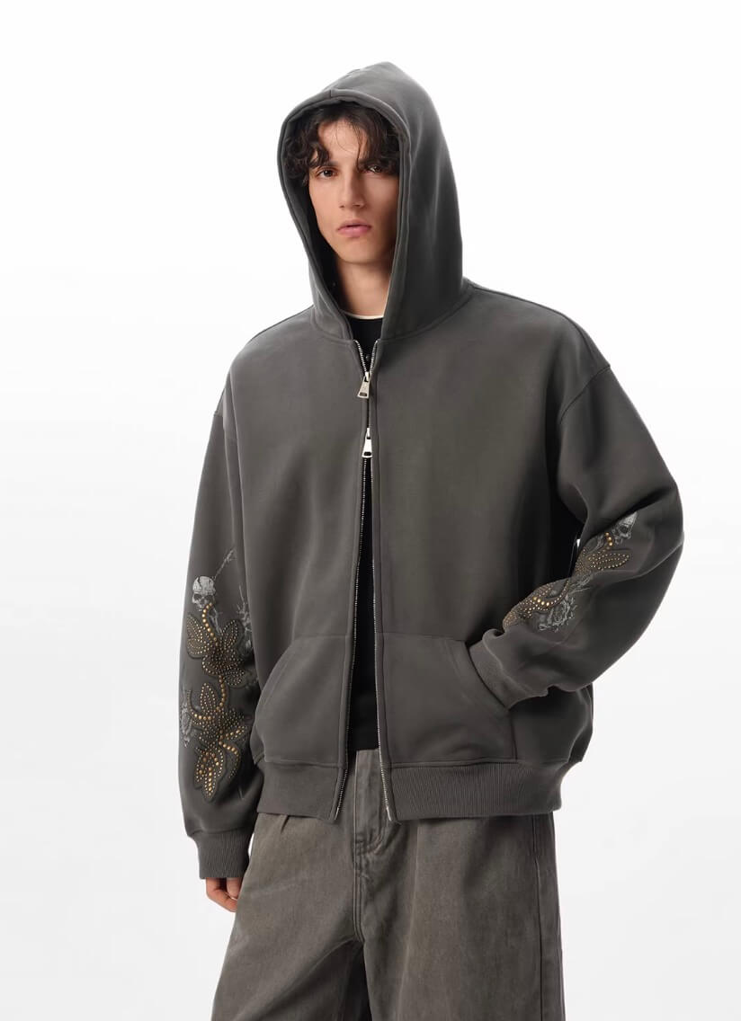 JHYQ Floral Print Studded Double Zipper Hoodie | Face 3 Face