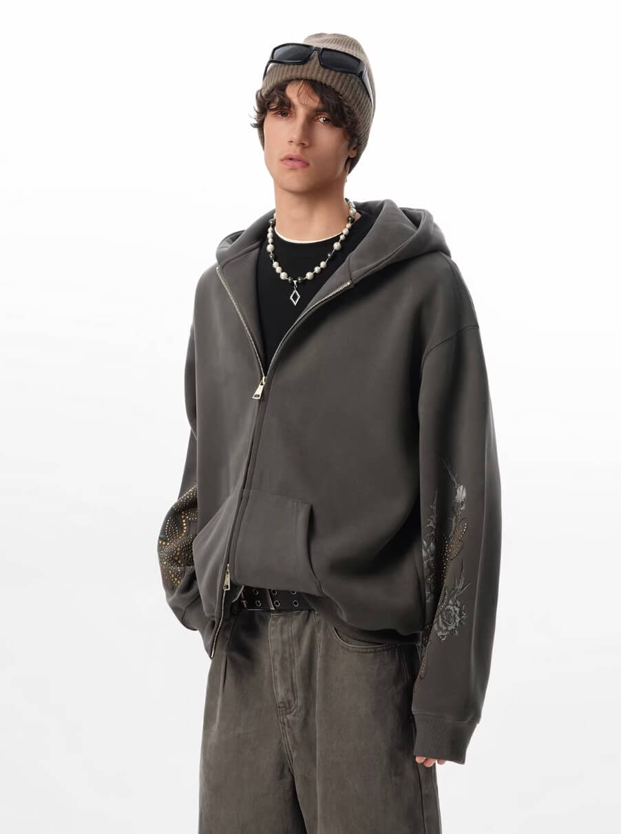 JHYQ Floral Print Studded Double Zipper Hoodie | Face 3 Face