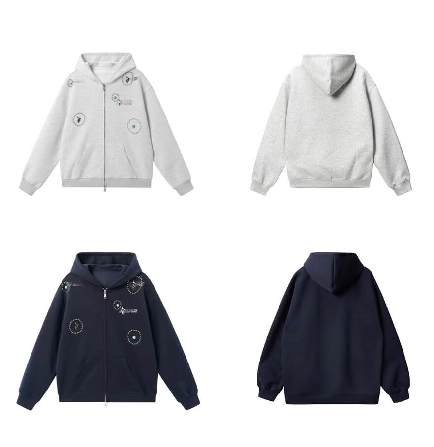 JHYQ Turquoise Accent Metal Logo Studded Circle Double Zipper Hoodie | Face 3 Face