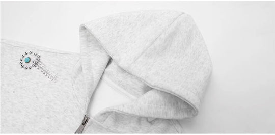 JHYQ Turquoise Accent Metal Logo Studded Circle Double Zipper Hoodie | Face 3 Face