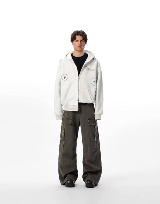 JHYQ Turquoise Accent Metal Logo Studded Circle Double Zipper Hoodie | Face 3 Face