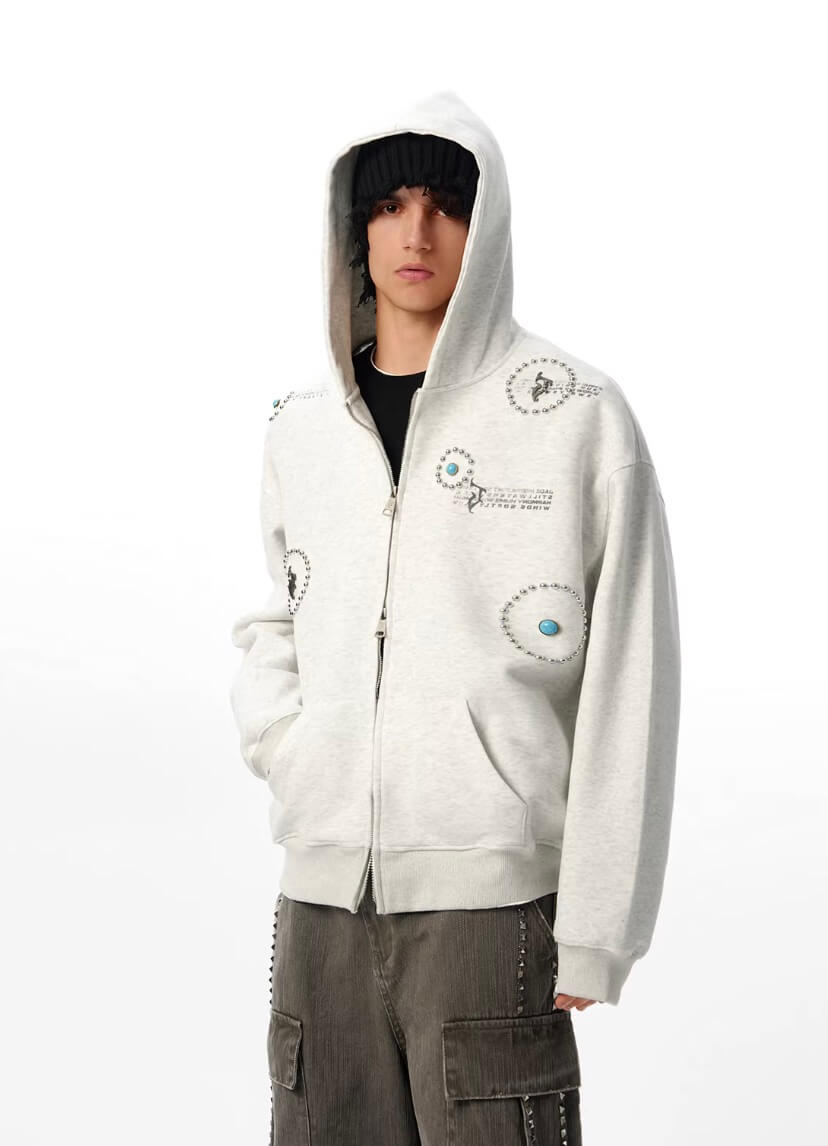 JHYQ Turquoise Accent Metal Logo Studded Circle Double Zipper Hoodie | Face 3 Face