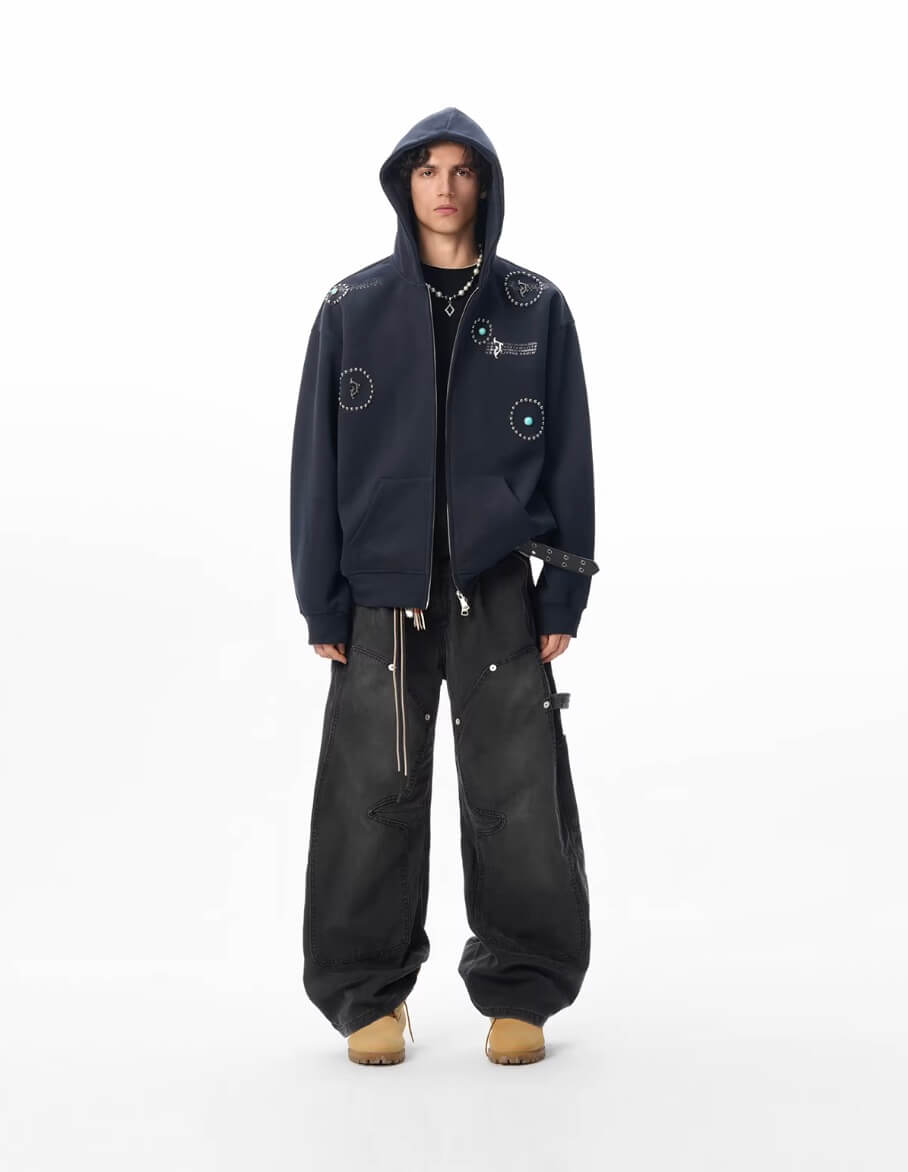 JHYQ Turquoise Accent Metal Logo Studded Circle Double Zipper Hoodie | Face 3 Face