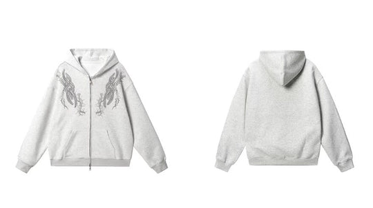 JHYQ Rhinestone Thorn Print Double Zipper Hoodie | Face 3 Face