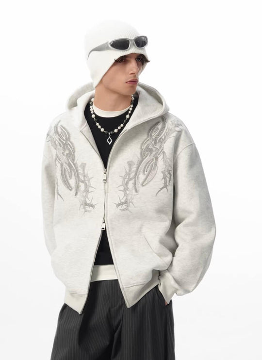 JHYQ Rhinestone Thorn Print Double Zipper Hoodie | Face 3 Face