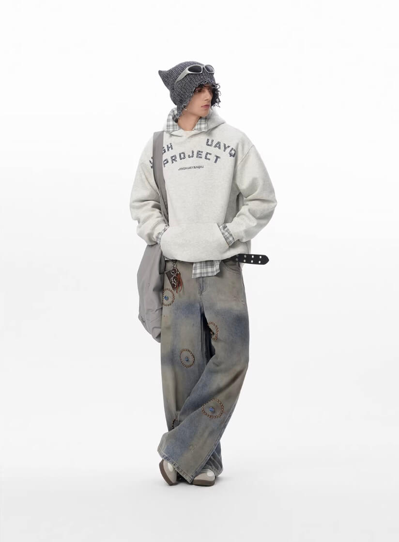 JHYQ Vintage Curved Lettering Print Hoodie | Face 3 Face