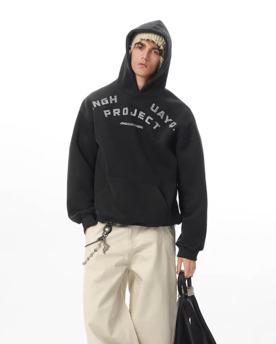 JHYQ Vintage Curved Lettering Print Hoodie | Face 3 Face