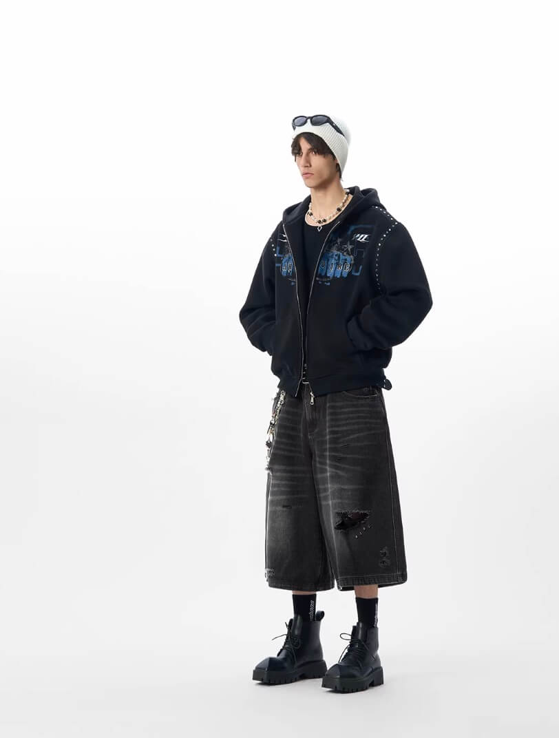 JHYQ Fist Print Rivet Shoulder Detail Cropped Zip Up Hoodie | Face 3 Face