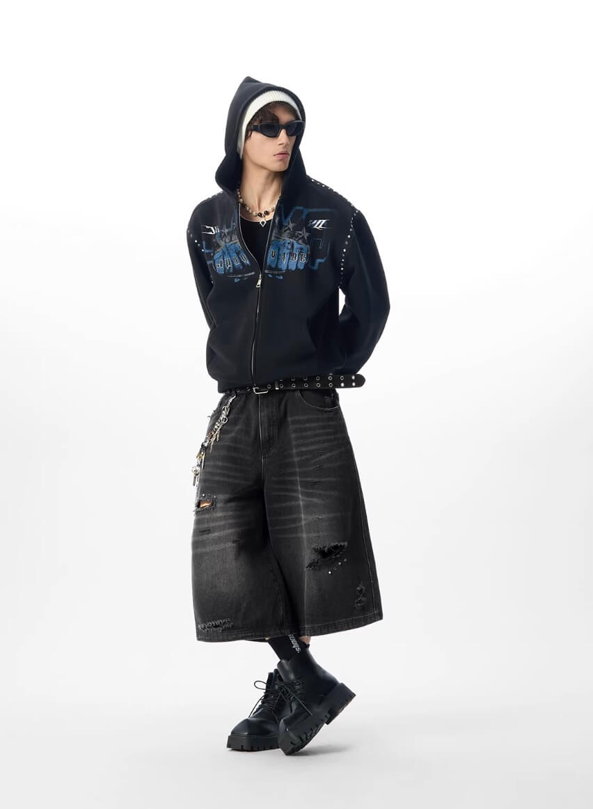 JHYQ Fist Print Rivet Shoulder Detail Cropped Zip Up Hoodie | Face 3 Face