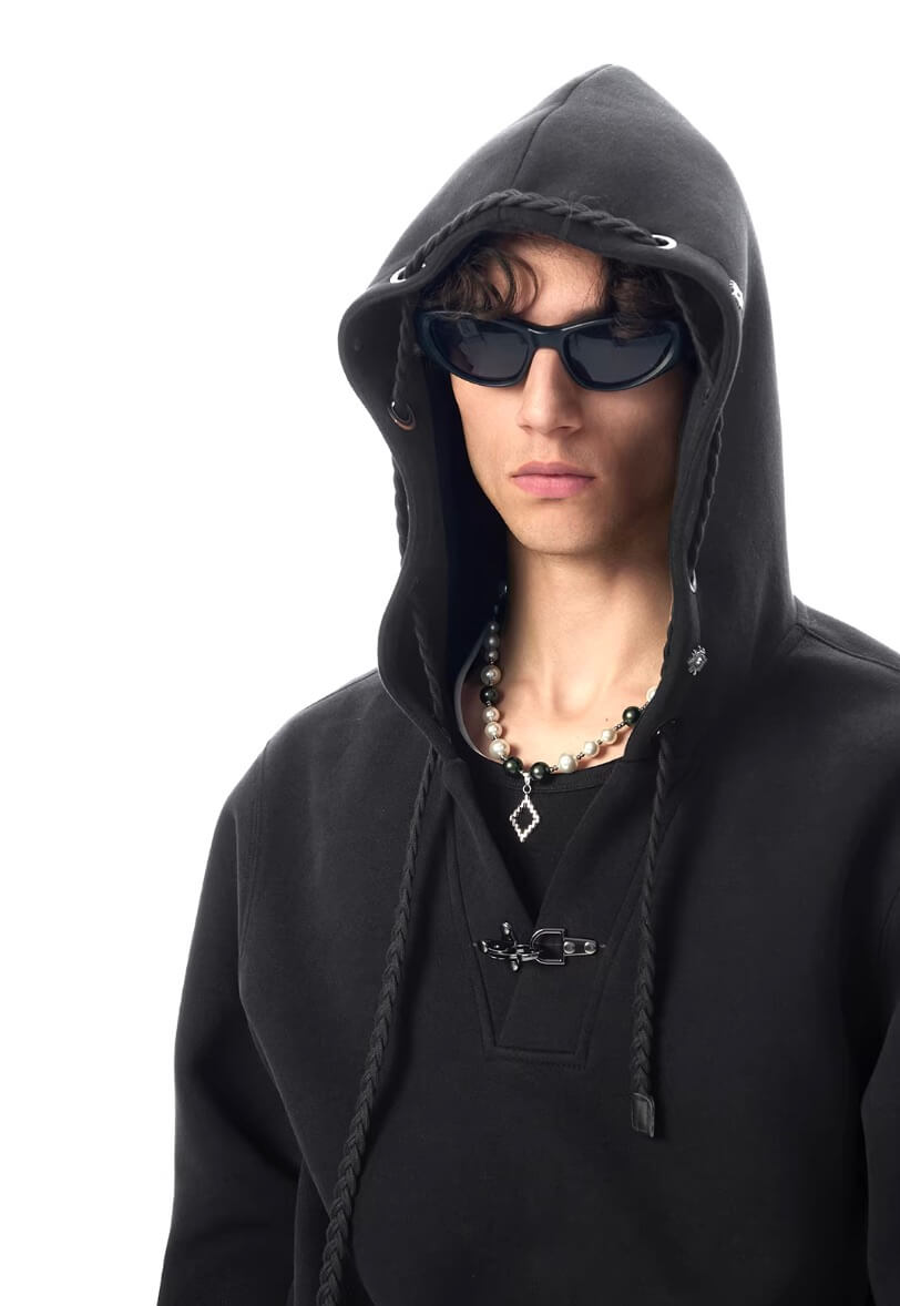 JHYQ Eye Rivet Rope Drawstring V Neck Cropped Hoodie | Face 3 Face