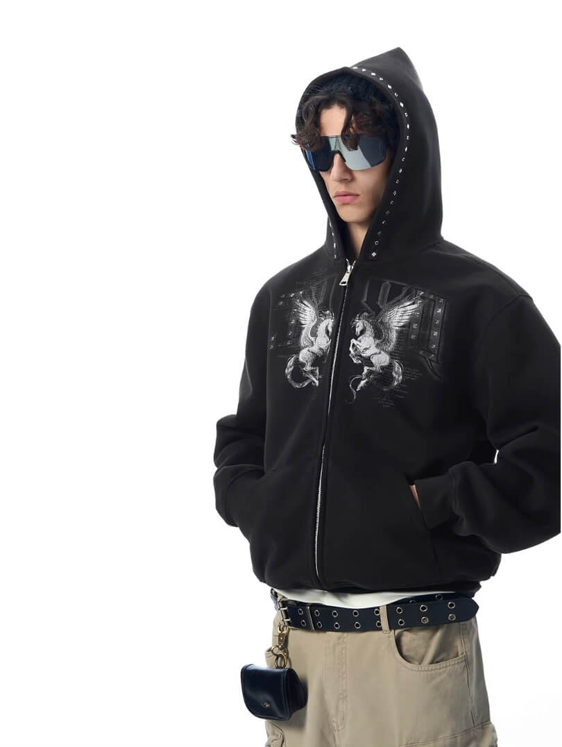 JHYQ Pegasus Print Rivet Hood Cropped Zip Up Hoodie | Face 3 Face