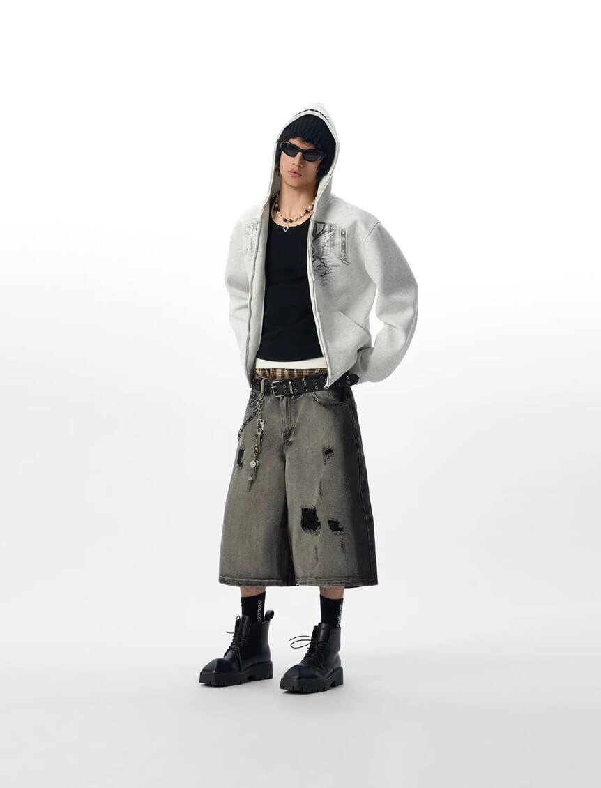 JHYQ Pegasus Print Rivet Hood Cropped Zip Up Hoodie | Face 3 Face