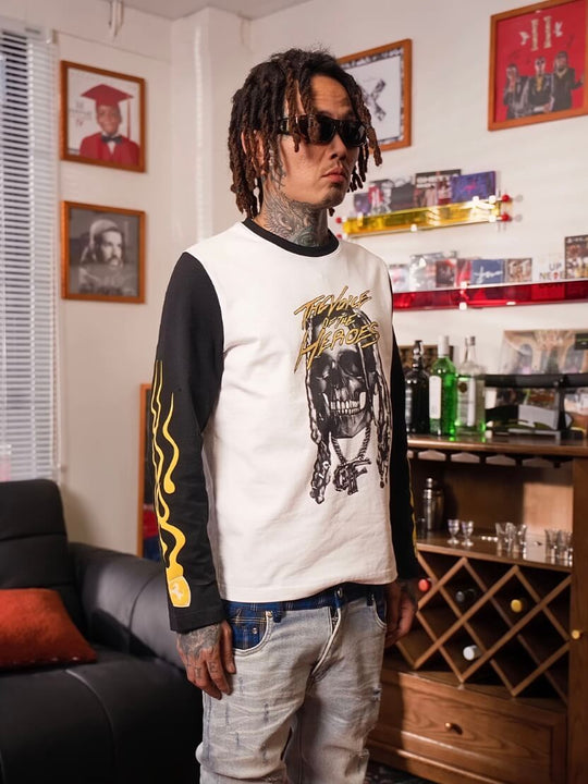 TGFCLUB Skull Print Color Block Slim Fit Long Sleeve Tee | Face 3 Face