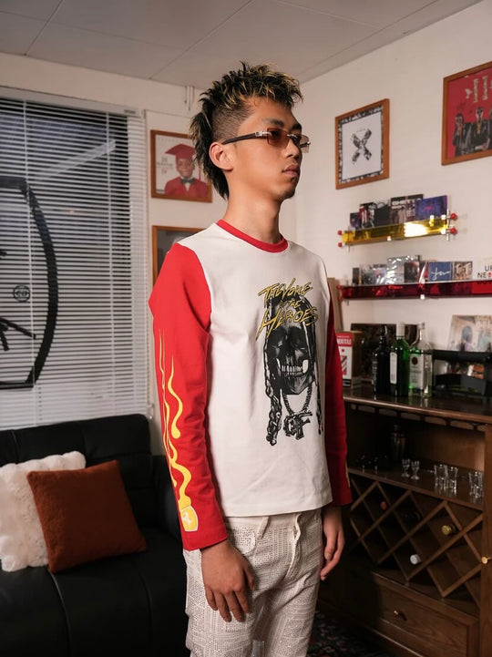 TGFCLUB Skull Print Color Block Slim Fit Long Sleeve Tee | Face 3 Face